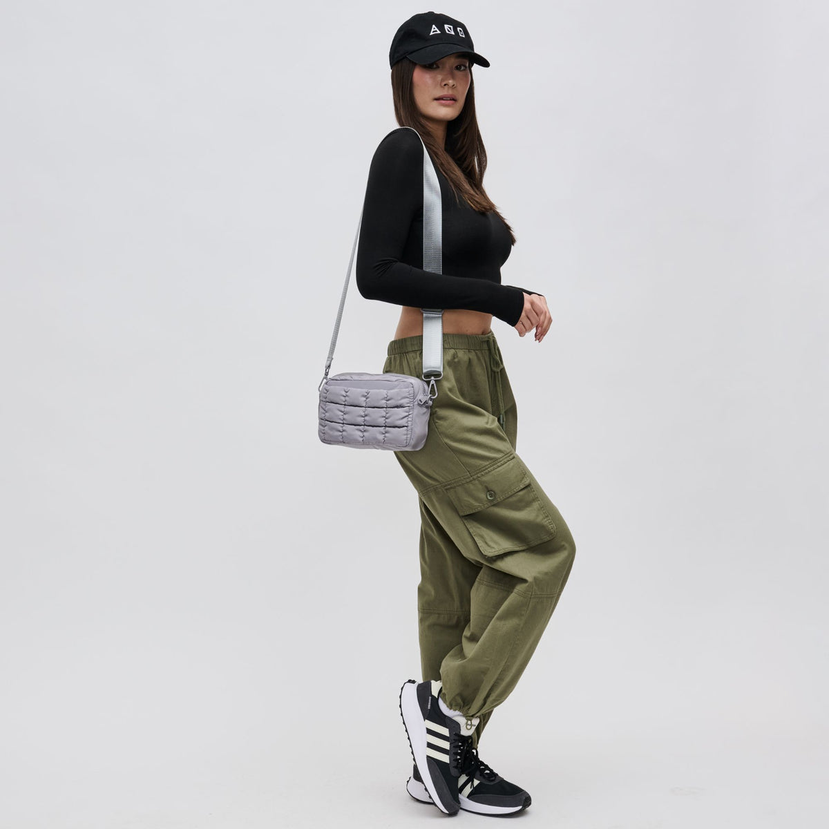 Woman wearing Grey Sol and Selene Inspiration - Quilted Nylon Crossbody 841764109437 View 3 | Grey