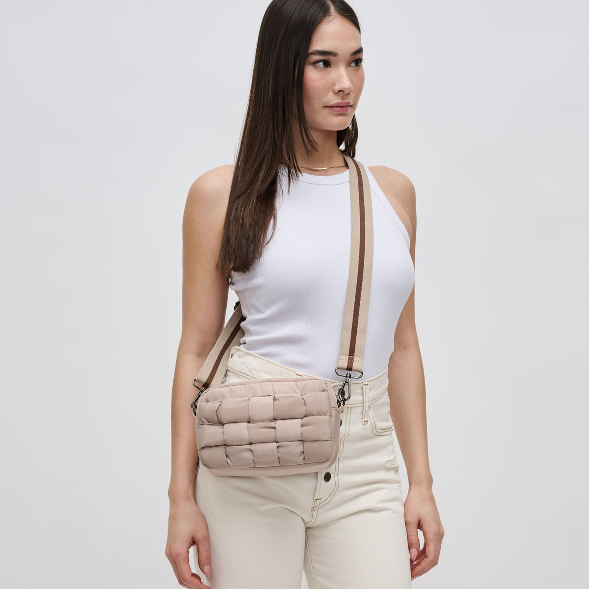 Woman wearing Nude Sol and Selene Inspiration - Woven Nylon Crossbody 841764107587 View 1 | Nude